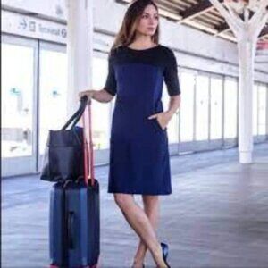 Betabrand Jet-Setter Colourblock Sheath Dress Black Blue M